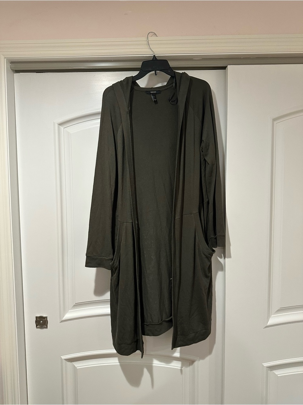 Forever 21 Olive Hooded Open-Front Long Cardigan